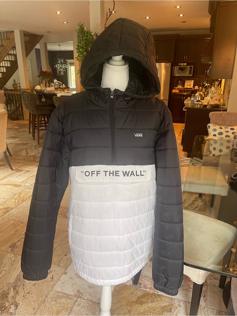 Vans Black and White Hooded Colorblock Puffer Jacket